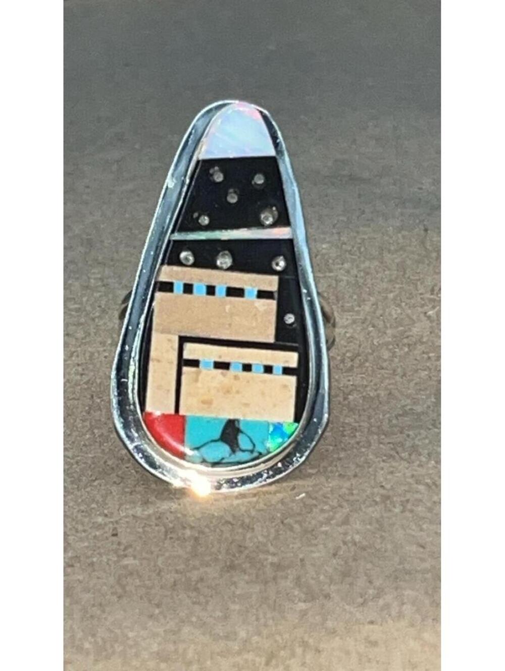 Native American Navajo sterling silver sky inlay turquoise ring size 7.5 -Smith